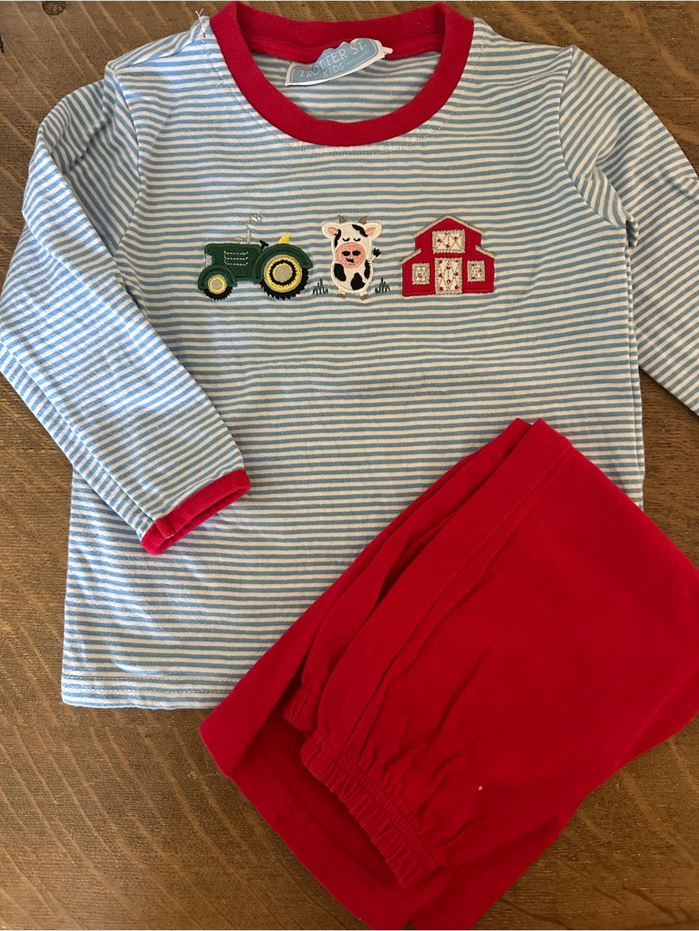 Trotter Street Kids Farm Stripe Matching Set in Light Blue & Red